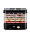 Professional Beast Mode Electric Food Dehydrator With 5 Stackable Trays And Digital 48 Hour Timer Adjustable Temp For Fruit Veggies Herbs And Jerky Making Slick Air Flow Technology To Nail Healthy Snacks Every Time In Your Home Kitchen Setup with colorful fruits and veggies on trays.