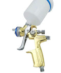 Straight Up Professional Pneumatic Paint Spray Gun Featuring High Atomization Nozzle Gravity Feed Build For Car Painting And Leather Repair Jobs That Deliver A Silky Smooth Flawless Finish Guaranteed, close-up of gold-plated spray gun.