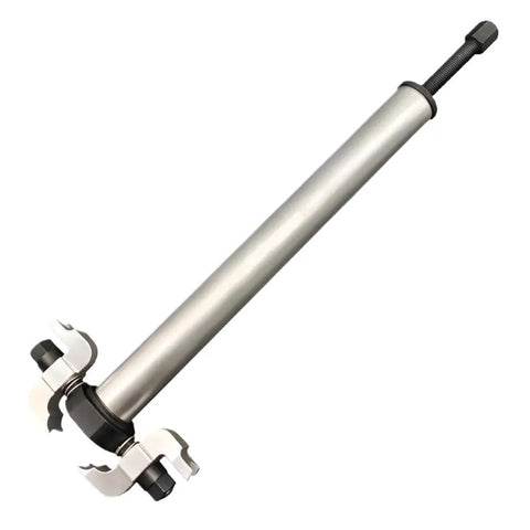 Heavy Lifter Geared Tapered Roller Bearing Puller for Motorcycle Electric Drivetrain, silver metal tool with extraction arms.