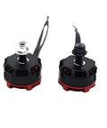 Two 2300KV brushless drone motors for FPV racing quads CW CCW, pro grade power, smooth flight, lightweight design, red and black.
