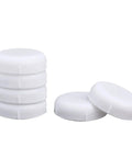 Top Shelf Heavy Duty Wrought Iron Reinforced Patio Furniture Feet Caps 140 Pack White Chair Leg Glides stacked and side by side.