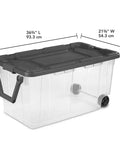 High Capacity Wheeled Storage Bins Featuring Smooth Glide Casters And Heavy Duty Stack Design Clear Plastic Rolling Containers measuring 36¾" L x 21⅜" W x 18" H.