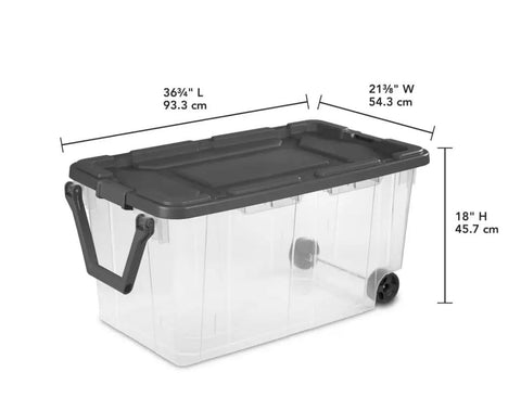 High Capacity Wheeled Storage Bins Featuring Smooth Glide Casters And Heavy Duty Stack Design Clear Plastic Rolling Containers measuring 36¾" L x 21⅜" W x 18" H.