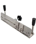 Rock Solid Knife Jig For Belt Grinder Sharpening With Double Arm Grip And Rust Proof Stainless Steel Build To Nail Edge Angles Every Time On Any Belt Sander Or Belt Machine For Fast Blade Prep Ready, featuring dual grip arms.