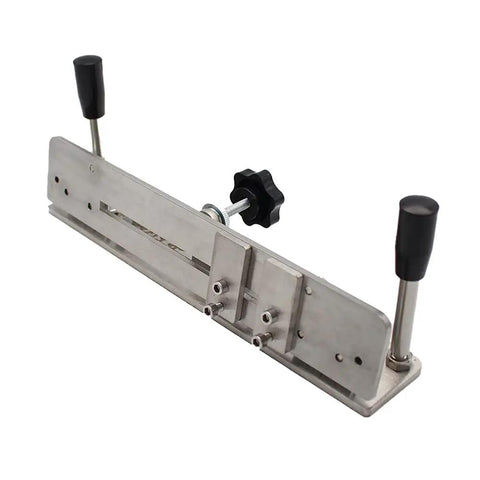 Rock Solid Knife Jig For Belt Grinder Sharpening With Double Arm Grip And Rust Proof Stainless Steel Build To Nail Edge Angles Every Time On Any Belt Sander Or Belt Machine For Fast Blade Prep Ready, featuring dual grip arms.