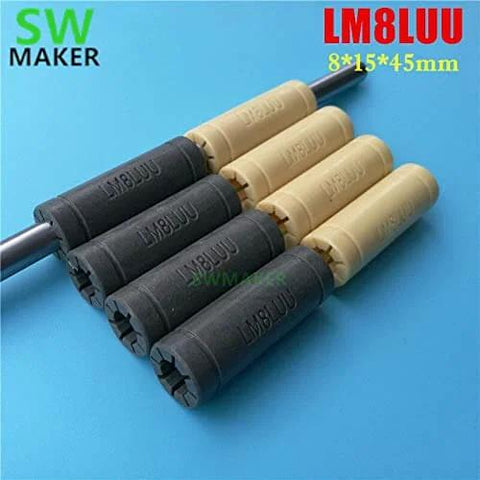 4 Pack 8x15x45mm Solid Polymer Linear Bearings LML8UU LM8LUU Bushing for Prusa Mendel DIY CNC Machines displayed on blue surface.