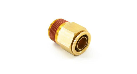 Three Quarter Inch Male NPT To Three Quarter Inch Brass Air Line Push To Connect Pneumatic Fitting on white background
