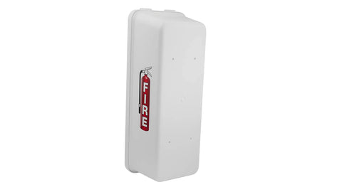 Three Pack White Surface Mount Fire Extinguisher Cabinet With Pull Panel fits five pound units, designed for outdoor use.