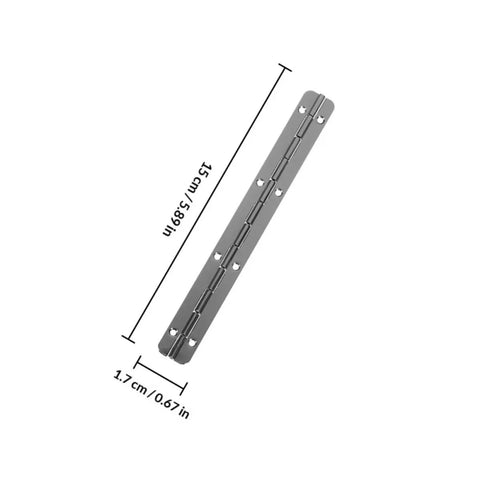 Six Piece Heavy Duty Piano Hinges Forged From Solid Iron For Tough Jewelry Boxes And Travel Luggage showing dimensions of 15 cm by 1.7 cm.