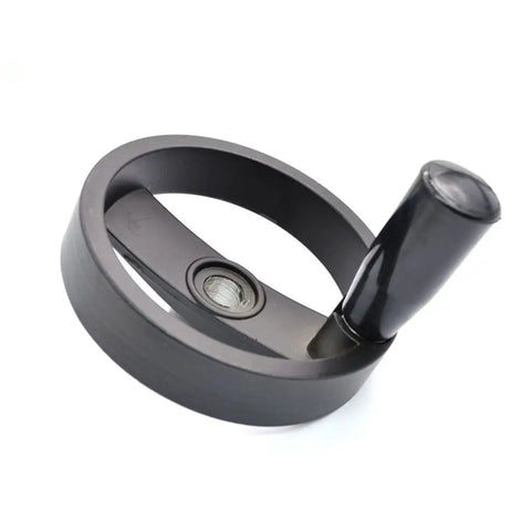 Trapezoidal Lead Screw Set With Hand Wheel And Crank, 100 Millimeter Hand Wheel Diameter, close-up of black aluminum wheel