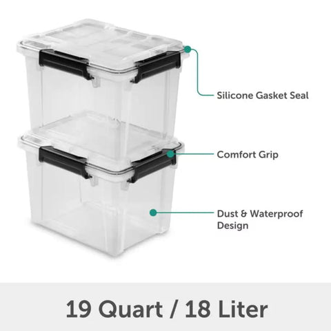 Three Pack 19 Quart Clear Plastic Storage Containers Featuring Bulletproof IP68 Waterproof Rating Kickass Silicone Gasket And Rock Solid Latches For Hella Reliable Outdoor Gear Organization And Smooth Carry, stackable with comfort grip.