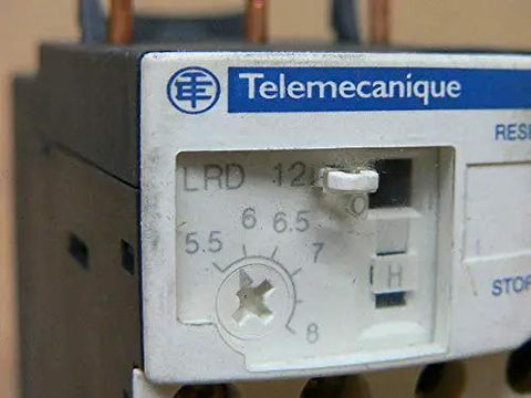 LRD12 Thermal Overload Relay 5.5-8 Amp for Industrial Motors, front view with adjustment dial, showing Telemecanique branding