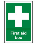 Green and white first aid box symbol with cross, signifies medical supplies location.
