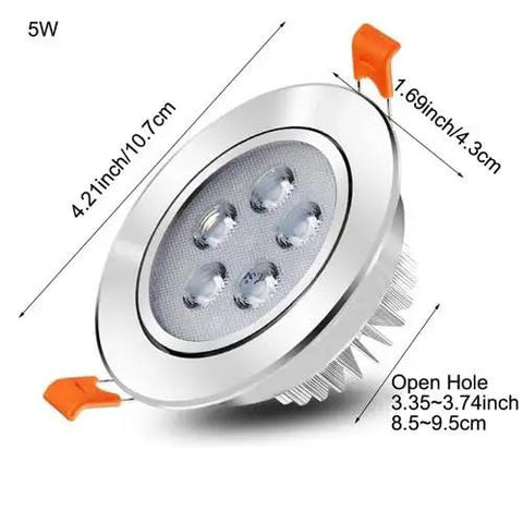 Silver Adjustable LED Recessed Spotlight measuring 4.21 inches, displaying five LED lights and mounting clips.