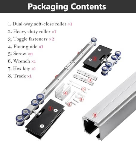 Packaging contents of 15ft Heavy Duty Sliding Barn Door Track Kit With Soft Close Hardware, Smooth Roller System For Glass Doors
