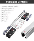 Heavy Duty 15 Foot Sliding Barn Door Track Kit With Soft Close Hardware components shown in packaging, including 28 ft aluminum track.