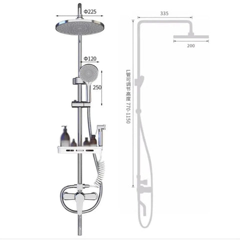 Heavy Duty Surface Mounted Shower Faucet Mixer with 304 Stainless Steel Body featuring ABS Round Top Spray and handheld sprayer dimensions.