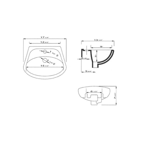 Technical diagram of Porcelain Wall Mount Basin With Overflow For Small Bathrooms White Ceramic Sink Compact Fifteen And A Quarter Inches