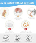 Installation steps for 2 Pack Self Adhesive Bumpers, highlighting cleaning, peeling, and placing process for cabinets and furniture protection.