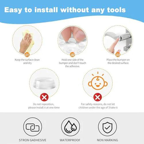 Installation steps for 2 Pack Self Adhesive Bumpers, highlighting cleaning, peeling, and placing process for cabinets and furniture protection.