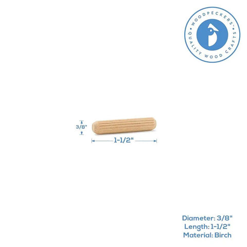 Heavy Duty Fluted Wooden Dowel Pins 3/8 X 1 1/2 Inch Pack Of 100, birch dowel pin shown from the side.