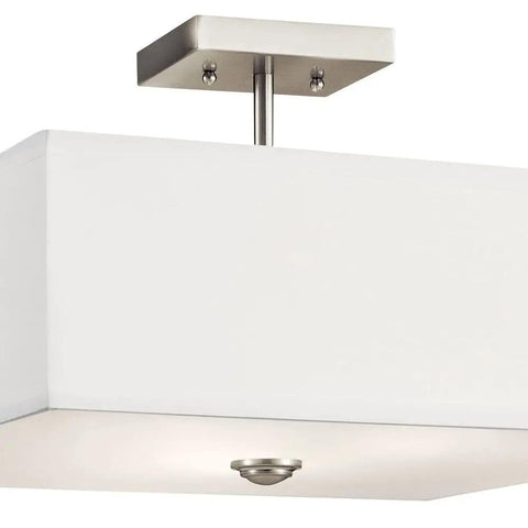 Shailene 18-Inch 3-Light Square Semi-Flush Ceiling Light with satin etched white diffuser and white microfiber shade in brushed nickel finish.