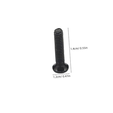 Close-up of a flat head countersunk screw from the Assorted Small Machine Screws Kit With Flat Head Countersunk Fasteners In Transparent Storage Box, Miniature Carbon Steel Set For Repair And DIY Projects, Organized By Size, Ideal For Electronics, Home Improvement, showing dimensions 1.2cm by 1.4cm.