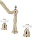 Heritage 8-Inch Widespread Kitchen Faucet With Porcelain Cross Handle And Brass Sprayer In Polished Nickel Finish setup