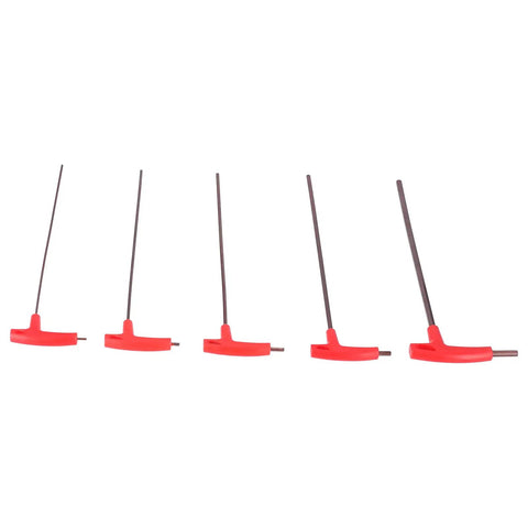 Heavy Duty T Handle Hex Wrench Set With 5 Real S2 Alloy Steel Long Handle Keys For Mechanics Auto Repair And CNC Machines To Nail Down Any Bolt Like A Champ With Maximum Torque And Zero Slippage Guaranteed For The Long Haul., five red S2 steel T-handle hex keys