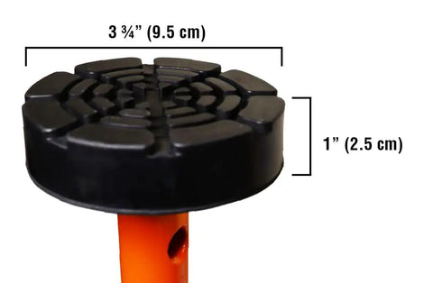 Close-up of flat top rubber grip of 4 Ton Heavy Duty Flat Top Jack Stands Pair For Trucks, SUVs And Vans, with measurements.