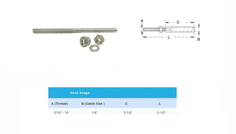 Job Site Ready Type 316 Stainless Steel Cable End Fittings Right Hand Swage Railing Hardware 50 Pack For 1 4 Inch Wire Rope 5 1 2 Overall Length with fittings and dimensions.