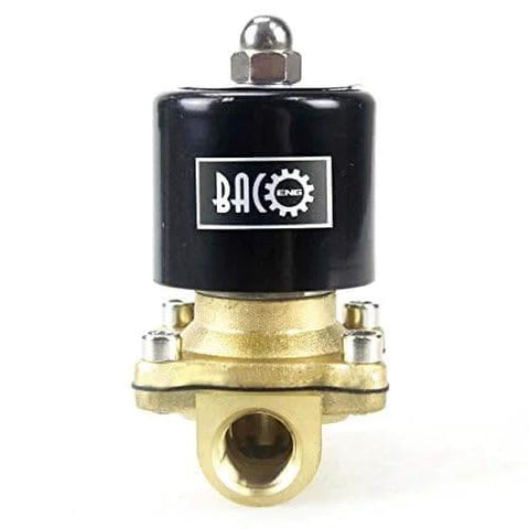 Front view of 3/8 Inch Brass Electric Solenoid Valve, 12V DC Normally Closed, NPT Thread, 3/8 Pipe Size, Durable Brass Body.