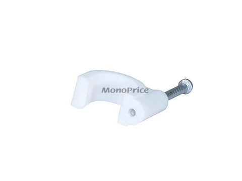 Close-up of white circle cable clip with steel nail, 10mm size, for quick hammer-in mounting on walls to keep coax neat and trip-free
