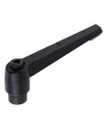 Hassle Free M12 Clamping Lever Handle with push button ratchet action, 95mm arm, durable black material, perfect for quick adjustments.