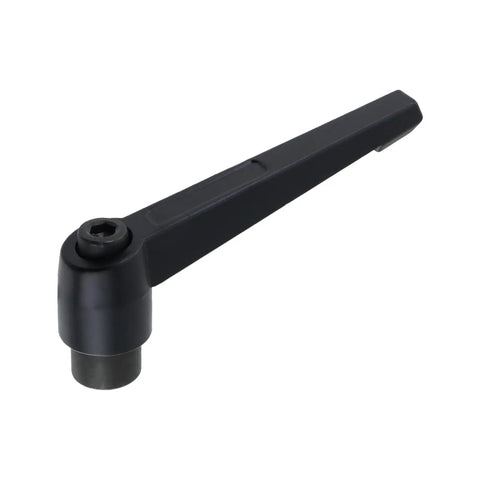 Hassle Free M12 Clamping Lever Handle with push button ratchet action, 95mm arm, durable black material, perfect for quick adjustments.