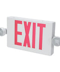 Emergency APC7R Combo Unit LED Exit Sign With Dual Lights Red Letters For Safer Hallways In Damp Locations Built Tough Polycarbonate Housing UL Certified Five Year Warranty showing polycarbonate housing with dual LED lights and red "EXIT" lettering.