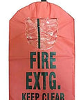 Heavy Duty Fire Extinguisher Cover With Crystal Clear Window, Small Protective Sleeve For 5 To 6 Lb Tanks, Snug Drop Over Fits 20 X 11 Point 5 In Gear, showing clear window and bold lettering.