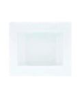 Universal Washer Hookup Box With Center Drain Outlet And Raised Drip Guard Featuring Heavy Duty Recessed Plumbing Frame No Valve Included No Brainer Setup Ready To Rock For Laundry Rooms, white plastic box top view.