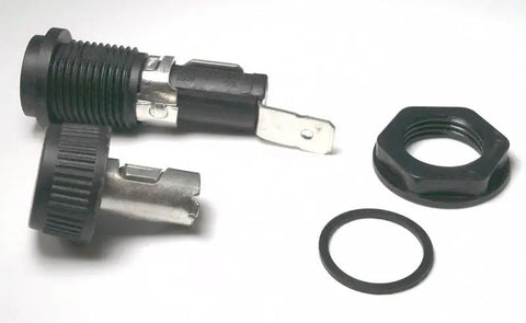 Heavy Duty Panel Mount Fuse Holder 20 Amp 250 Volts Rock Solid Engineering components including fuse holder, nut, and gasket.