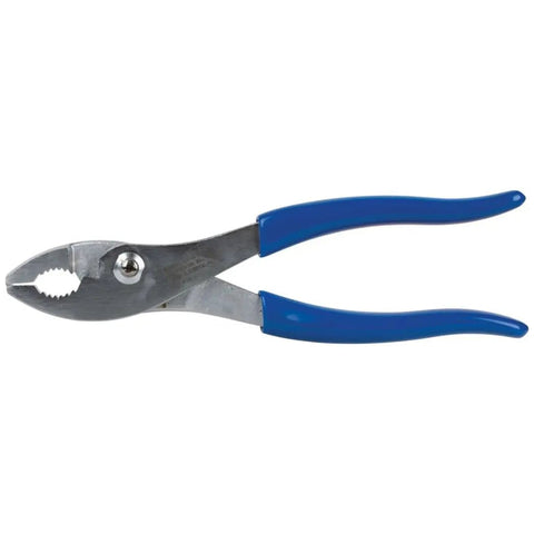 8-Inch Slip-Joint Pliers With Shear-Type Cutter For Precise Wire Cutting, blue handles, serrated jaws, nickel-chrome finish
