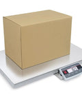 Straight Up Heavy Duty Shipping Scale With Rock Solid Four Hundred Pound Capacity And Point Two Lbs Accuracy features a box on a 32x35 inch platform.