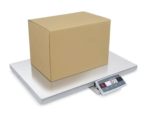 Straight Up Heavy Duty Shipping Scale With Rock Solid Four Hundred Pound Capacity And Point Two Lbs Accuracy features a box on a 32x35 inch platform.