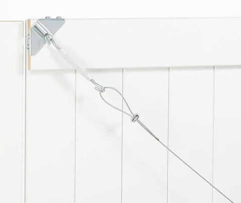 Anti Sag Gate Kit For Exterior Use With WeatherGuard Protection Zinc Plated Heavy Gauge Cold Rolled Steel Includes Top And Bottom Corner Braces And Mounting Hardware Keeps Gates Aligned With Up To Seven And A Half Feet Diagonal Bracing installed on white gate