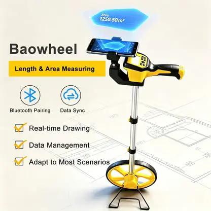 Solid Setup Smart Measuring Wheel With Bluetooth App Mapping And Backlit Lcd Screen For No Stress High Precision Survey Work And Snazzy Cad File Export Options with smartphone holder and measuring wheel.