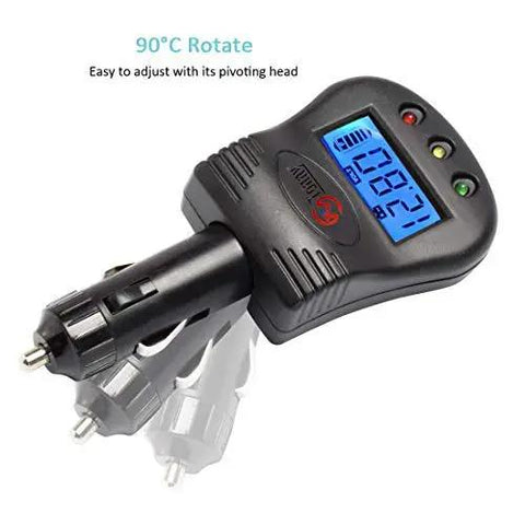 12V Car Battery And Charging System Tester With LCD Voltmeter with pivoting head for easy adjustment and real-time voltage readout.