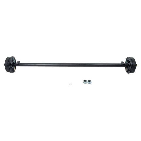 Side view of 3500-lb electric brake trailer axle, black steel, 5x4.5 bolt pattern, 85in hub face, 70in spring center