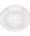 Top view of space saving RV kitchen sink with pull out brushed nickel faucet and dual stream spray white oval plastic basin
