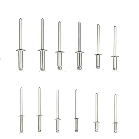 180 Piece Aluminum Blind Rivets Kit With Six Sizes Dome Head Pop Rivets in silver, showcasing steel mandrel arrangement