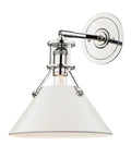 Sleek Single Bulb Wall Sconce Featuring Polished Silver Nickel Finish And Off White Shade, showcasing a conical shade design.