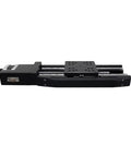 Rock Solid Motorized Linear Translation Stage Spot On Precision Displacement Platform With Stepper Motor and Elastic Coupling side view showing black aluminum frame.